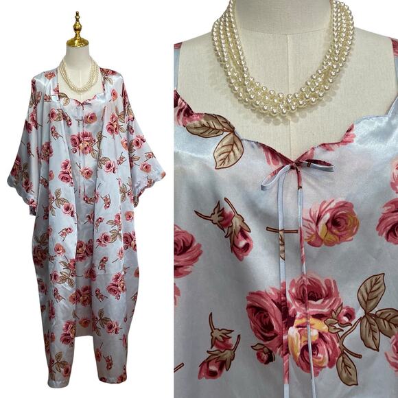 Serenada 2 Pc Blue Floral Satin Nightgown & Robe Sleepwear Set size 2X 22/24 - Picture 2 of 15